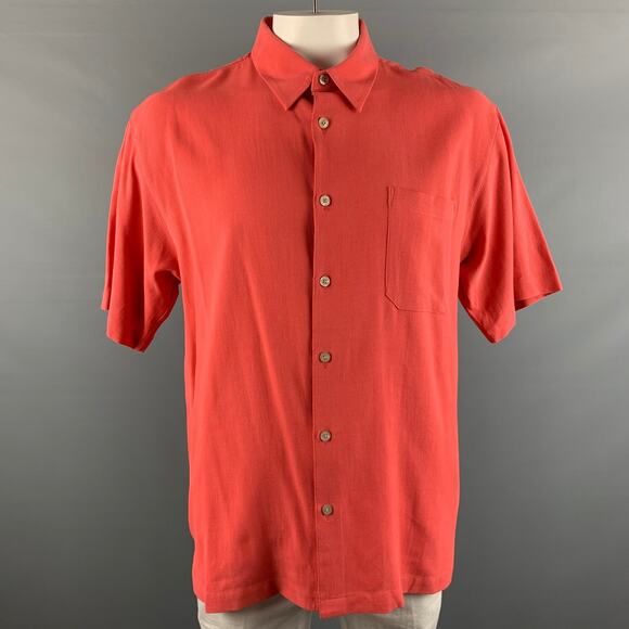 NEIMAN MARCUS Size XL Salmon Solid Silk Button Up Short Sleeve Shirt - Picture 1 of 5